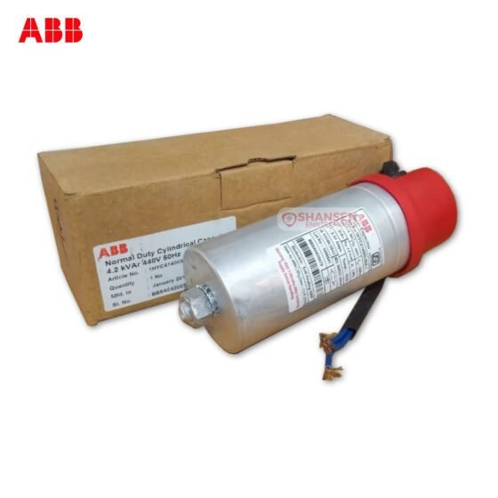 ABB 4.2kVAR 440V Power Capacitor with red terminal cover and original box packaging, provided by Shansen Enterprises
