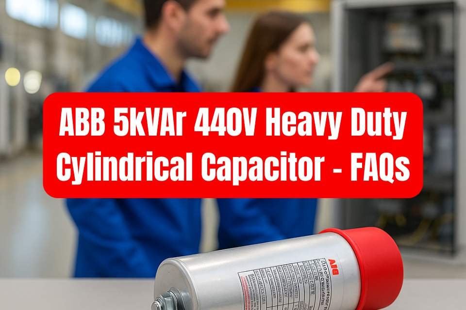ABB 5kVAr 440V Heavy Duty Cylindrical Capacitor in industrial setup with FAQ title overlay