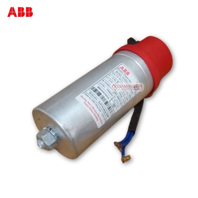 ABB 5kVAR 440V Power Capacitor with red terminal cover and exposed wire leads, supplied by Shansen Enterprises