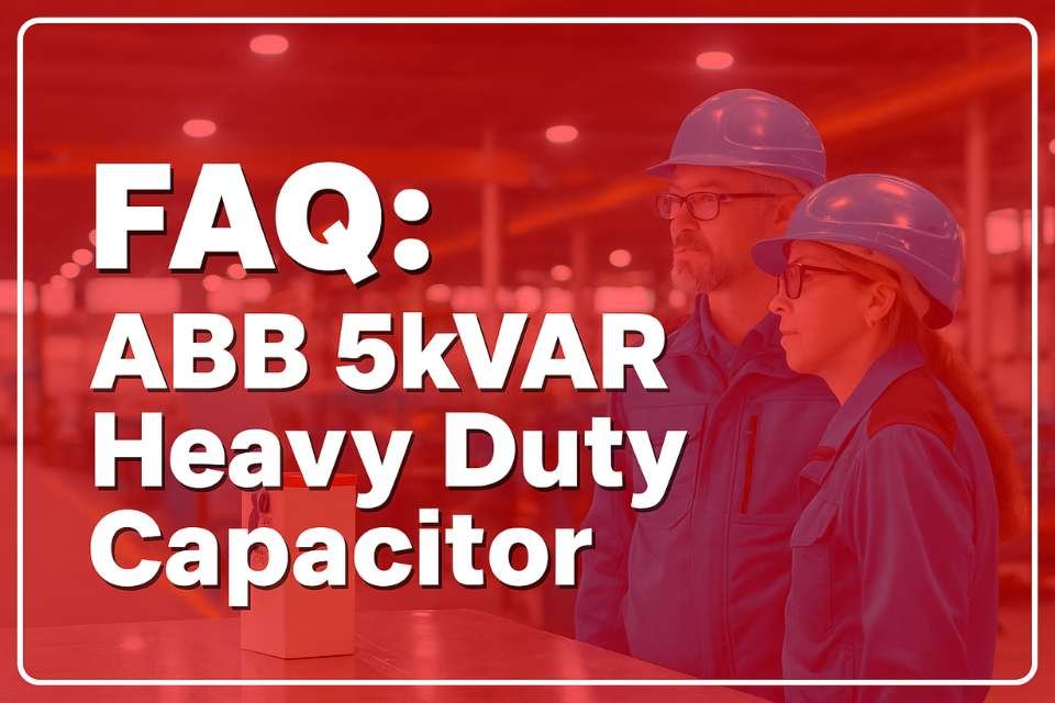 Two electrical engineers in blue uniforms in a factory with text overlay: FAQ ABB 5kVAR Heavy Duty Capacitor