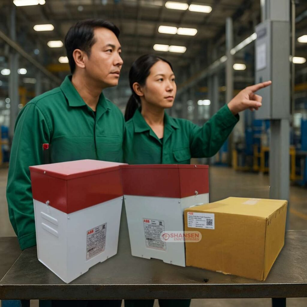 Two electrical engineers in green uniform inspecting panel with ABB capacitors on steel bench in a well-lit factory – Shansen Enterprises