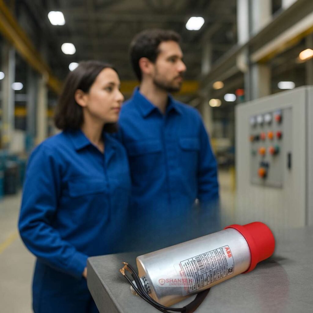 ABB cylindrical capacitor on workbench with two engineers in blue uniforms at a control panel in a bright factory