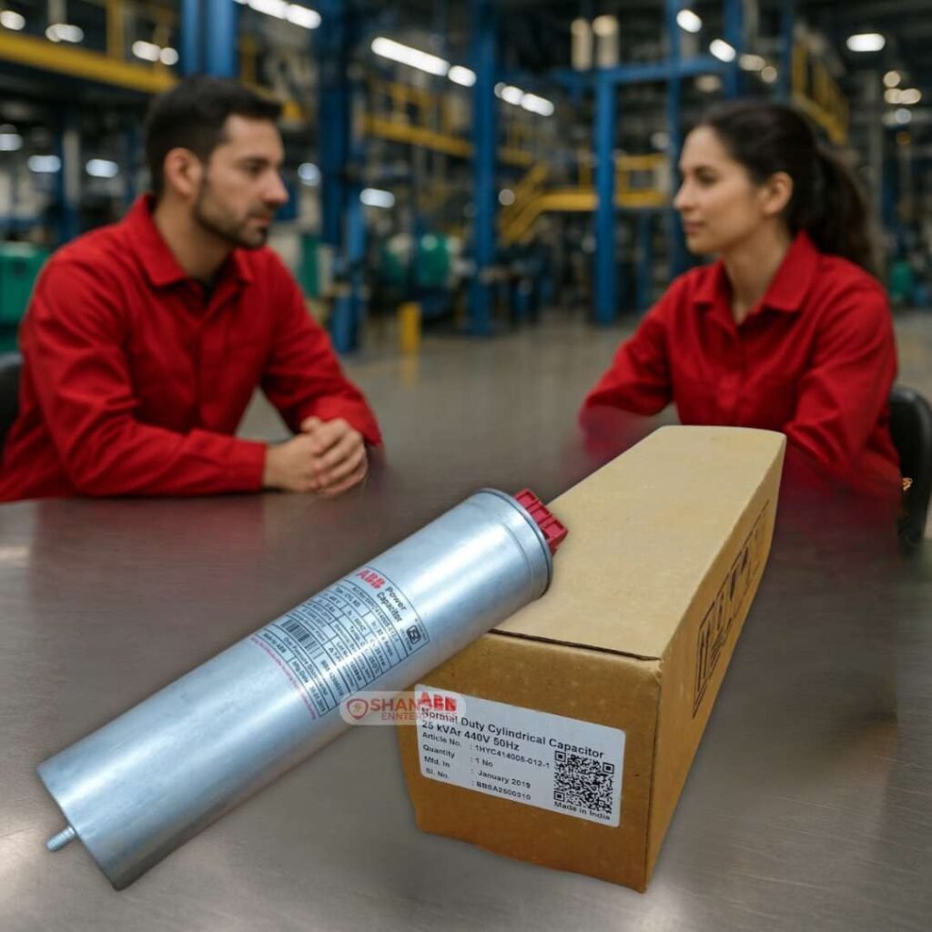 Two red-uniformed technicians with ABB capacitors on steel table in an engineering factory