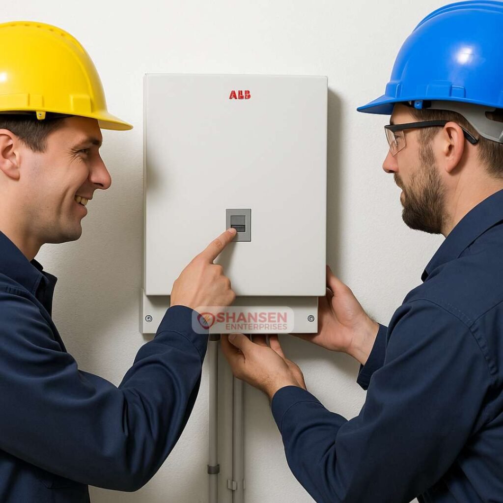 Electrical engineers installing ABB E-SHC M 12 SPN distribution board on a white wall