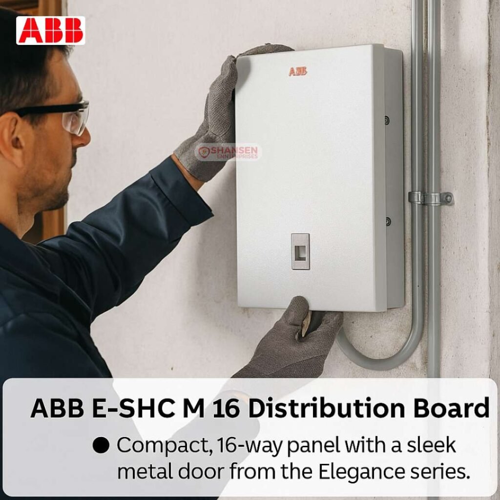 Electrician installing ABB E-SHC M 16 Distribution Board with metal door on wall using protective gloves.