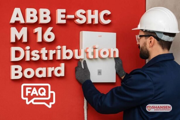 Electrician installing ABB E-SHC M 16 Distribution Board with bold 3D product name on red background