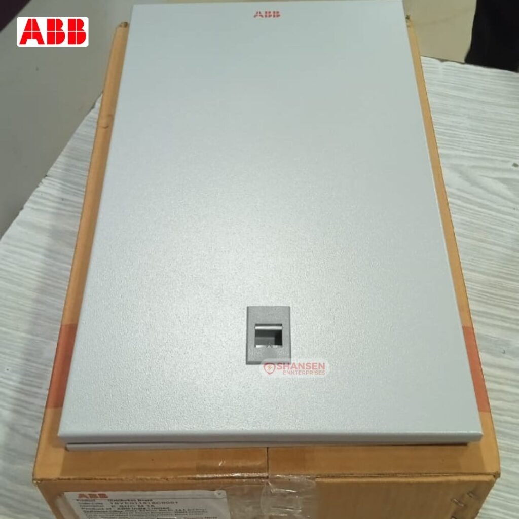 Top view of ABB E-SHC M 16 Distribution Board with closed metal door placed on original packaging box