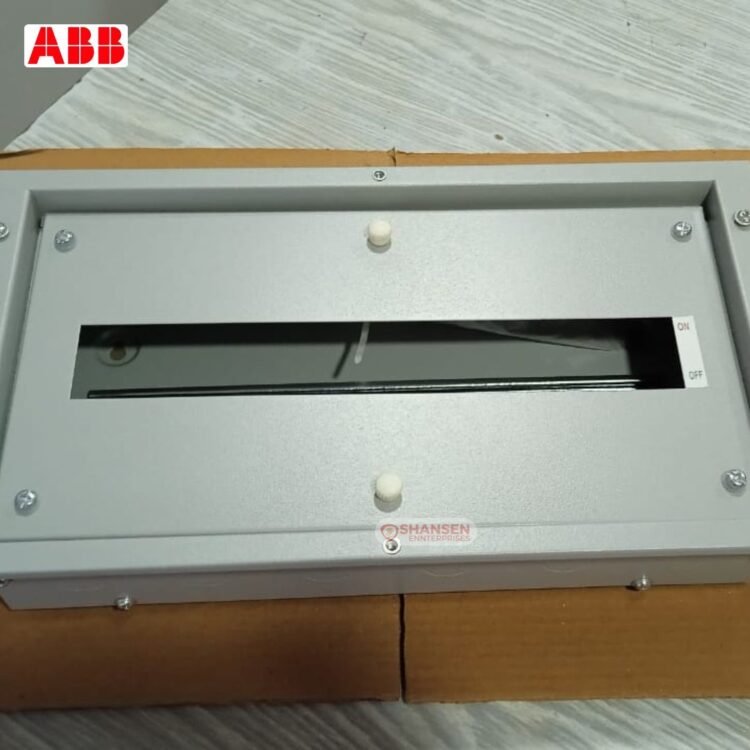 Internal view of ABB E-SHC M 16 Distribution Board showing circuit breaker mounting slot and metal frame