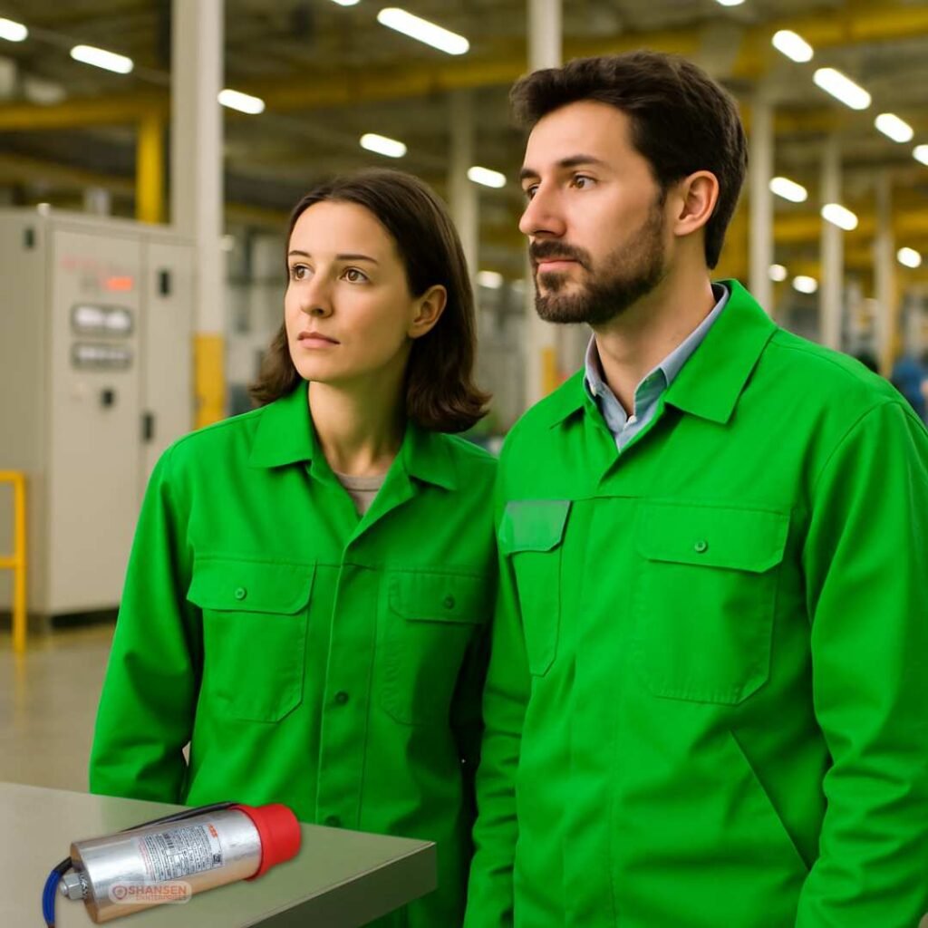 ABB Capacitor on Workbench with Electrical Engineers in Factory – Industrial Setup