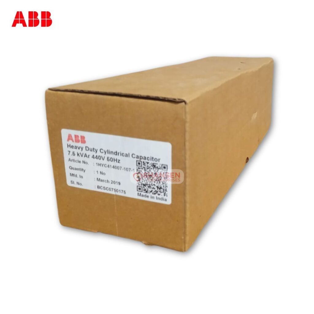 ABB Heavy Duty Cylindrical Capacitor 7.5 kVAR 440V – Product Packaging with Label Details