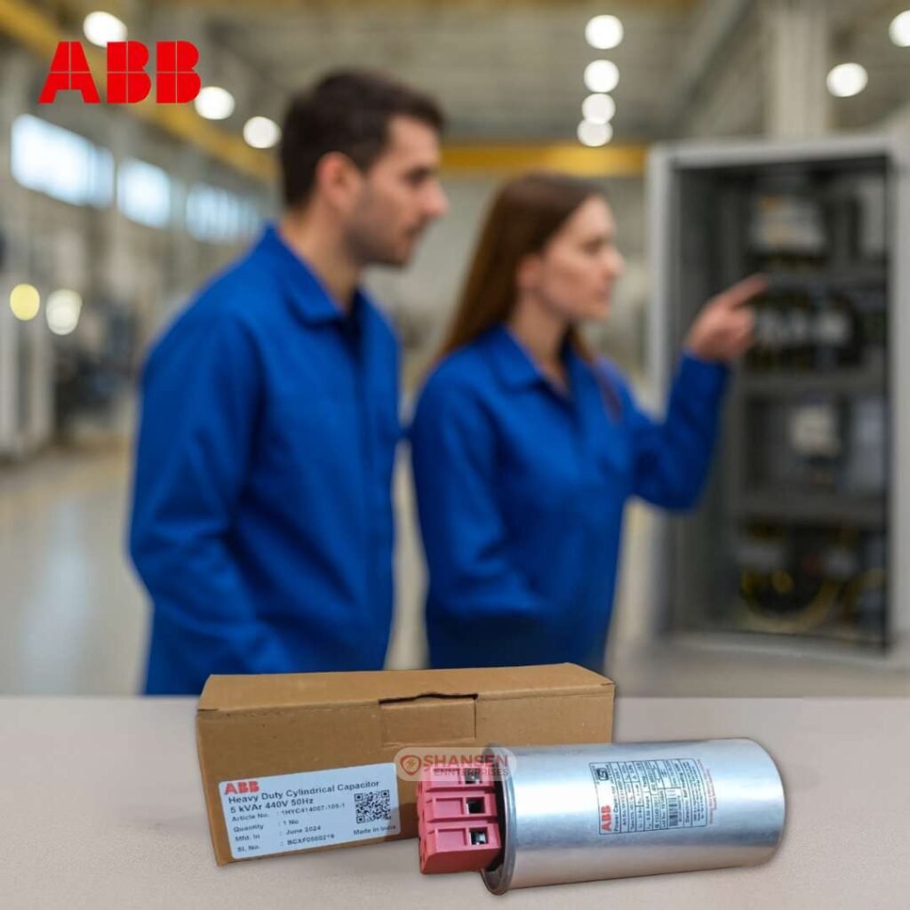 ABB Heavy Duty 5kVAr 440V Capacitor with packaging in industrial setup – Shansen Enterprises
