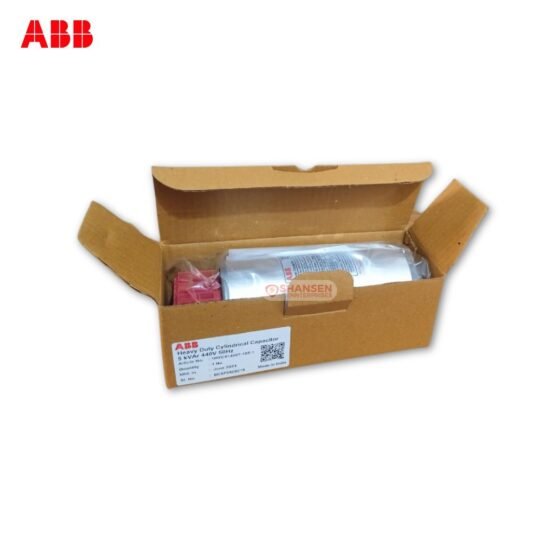 ABB Heavy Duty Cylindrical Capacitor 5kVAr 440V 50Hz shown inside original open packaging box