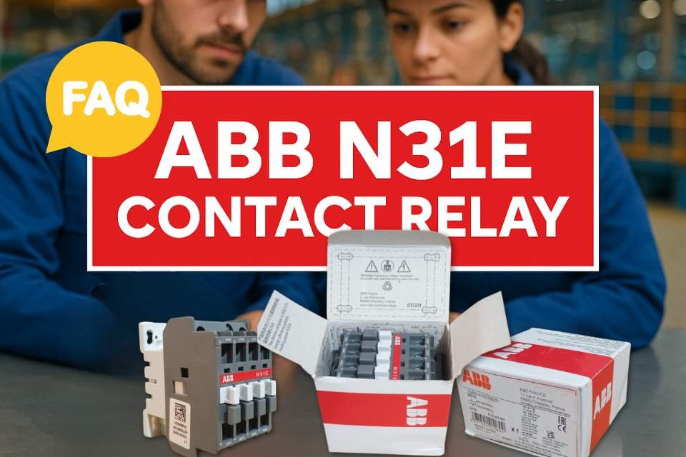 ABB N31E Contact Relay FAQ Banner with product and packaging – Shansen Enterprises, ABB Authorized Channel Partner