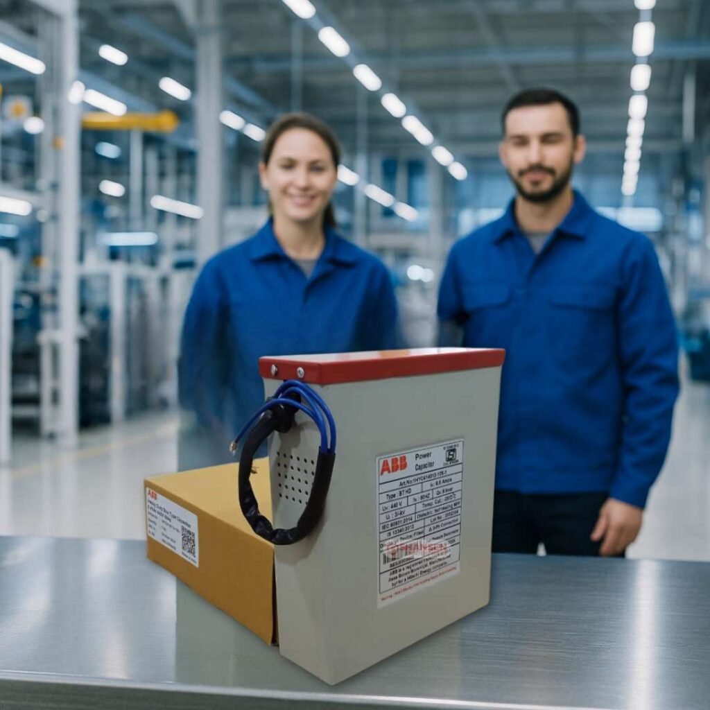 ABB Power Capacitor on steel table with male and female engineers in blue uniforms inside an automation factory