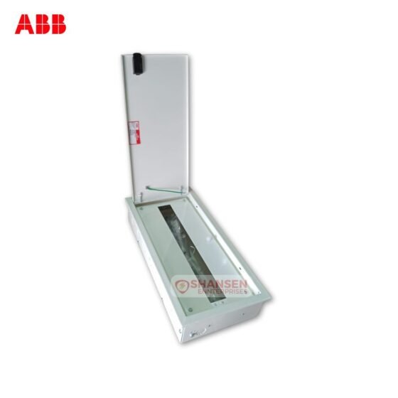 Open ABB SHC M20 Classic Distribution Board showing internal layout and metal door construction