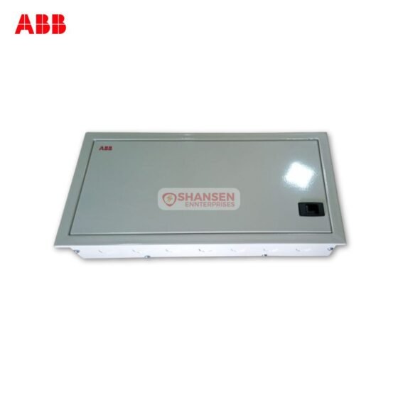 Front view of ABB SHC M20 Classic Distribution Board with closed metal door and surface mount design