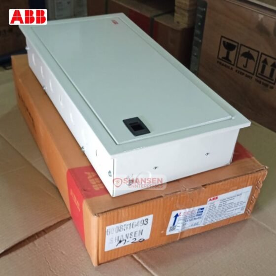 ABB SHC M20 distribution board with metal door, placed on original ABB packaging box, IP43 rated