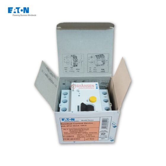Top view of Eaton PFIM-40/4/003 RCCB 40A 4P in box with Shansen Enterprises branding