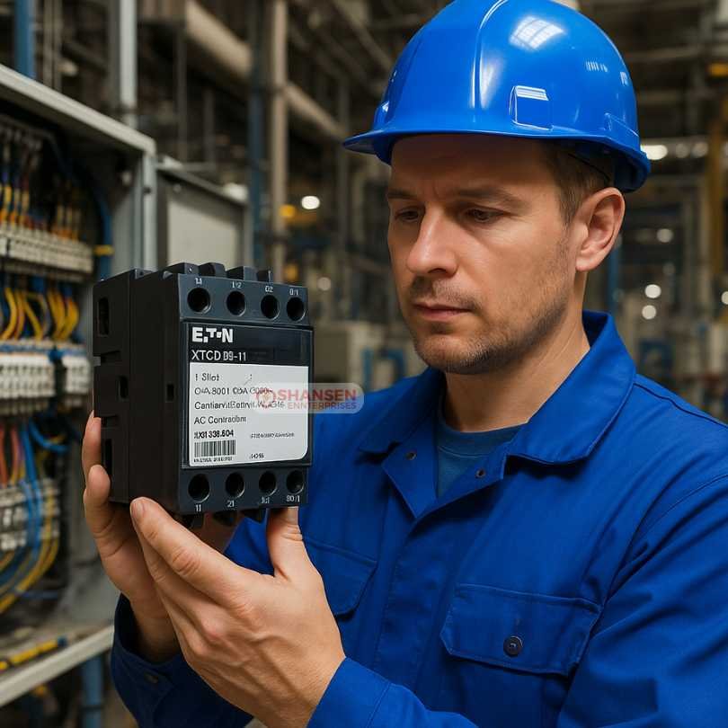 Electrical engineer in blue uniform inspecting Eaton XTC D25-11 contactor inside factory