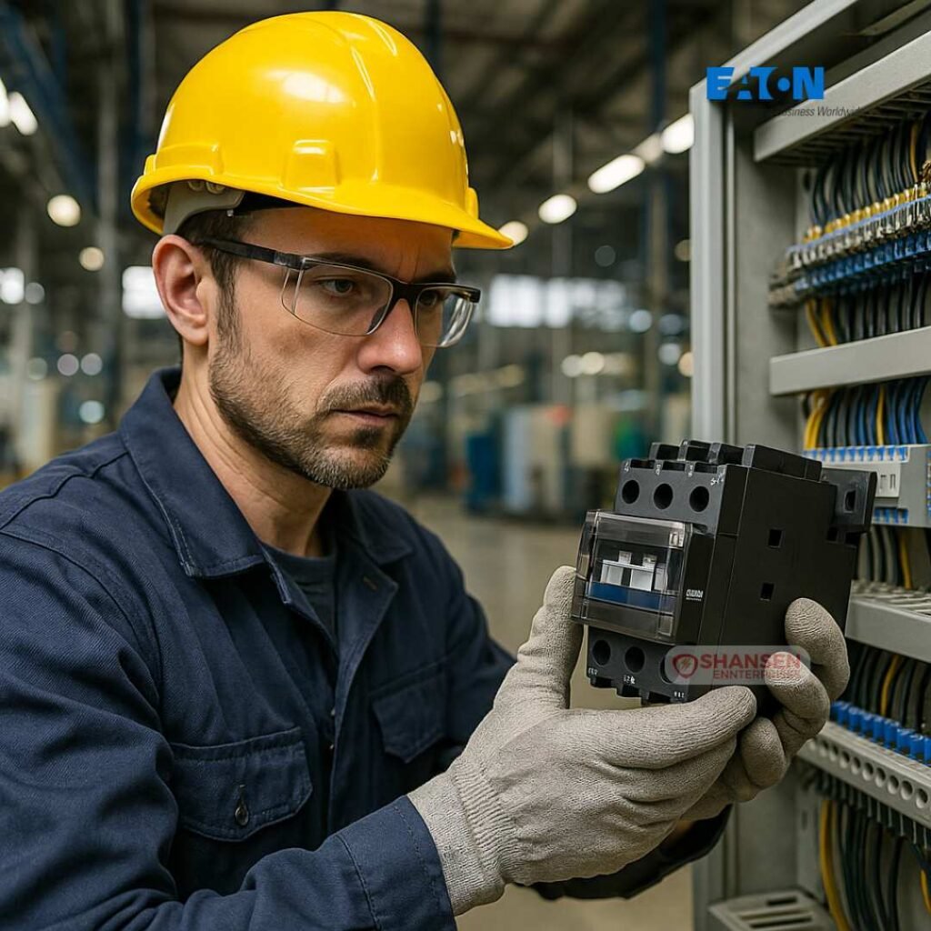 Electrician installing Eaton XTCD032-11 contactor in an industrial electrical panel with multicolored wiring