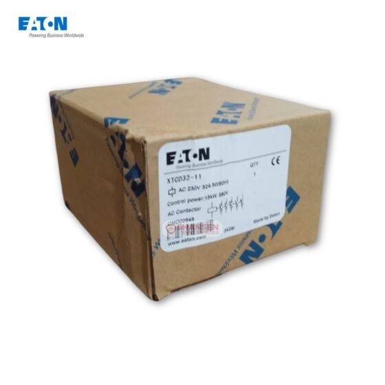 Eaton XTCD032-11 Power Contactor original packaging box, showing product details like AC 230V 32A, 15kW 380V, and Eaton "Powering Business Worldwide" slogan