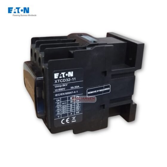 Side view of Eaton XTCD032-11 Power Contactor showing technical specifications, Uimp:8kV, Ui:690V, Ith:50A, and IEC/EN 60947-4-1 compliance details