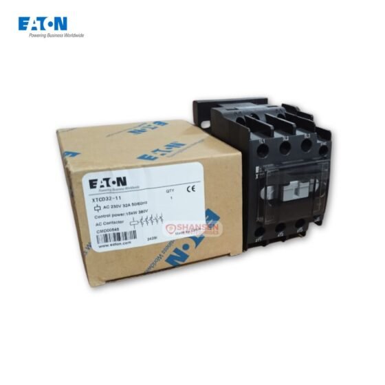 Eaton XTCD032-11 Power Contactor shown alongside its original brown packaging box, displaying specifications like 230V 32A, 15kW 380V, and "Powering Business Worldwide" slogan