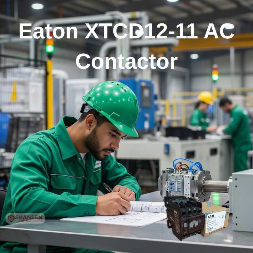 Electrical engineer in green uniform and hard hat reviewing documents with an Eaton XTCD12-11 AC Contactor and motor components on a table in a factory