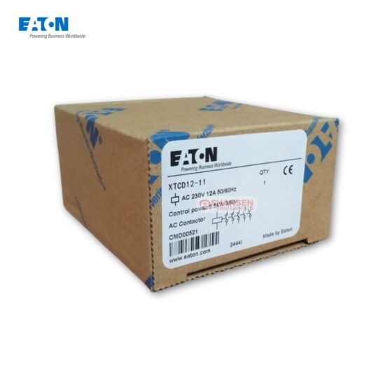 Eaton XTCD12-11 AC Contactor packaging box showing model number, AC 230V 12A, and Eaton branding, for industrial use in Coimbatore and all over India