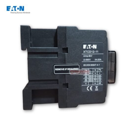 Side view of Eaton XTCD12-11 AC Contactor showing technical specifications, Uimp 8kV, Ui 690V, Ith 20A, IEC/EN 60947-4-1 compliant