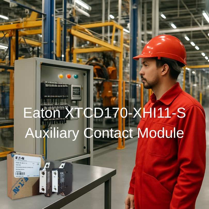 Engineer observing Eaton XTCD170-XHI11-S Auxiliary Contact Modules with an open electrical panel in an industrial setting
