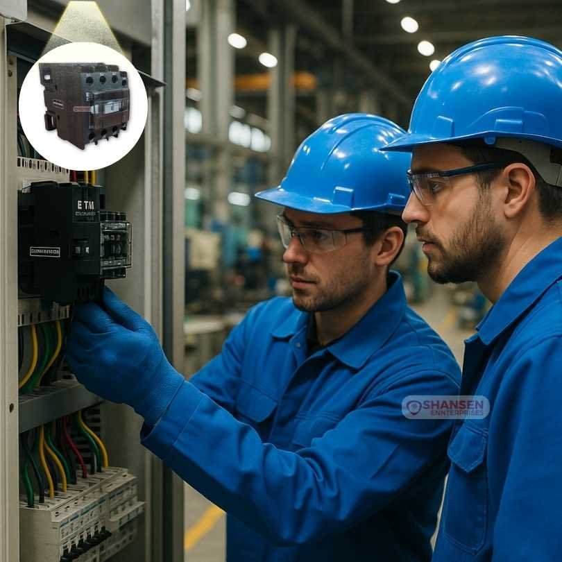 Electrical engineers installing Eaton XTCD18-11 contactor in industrial control panel – Shansen Enterprises