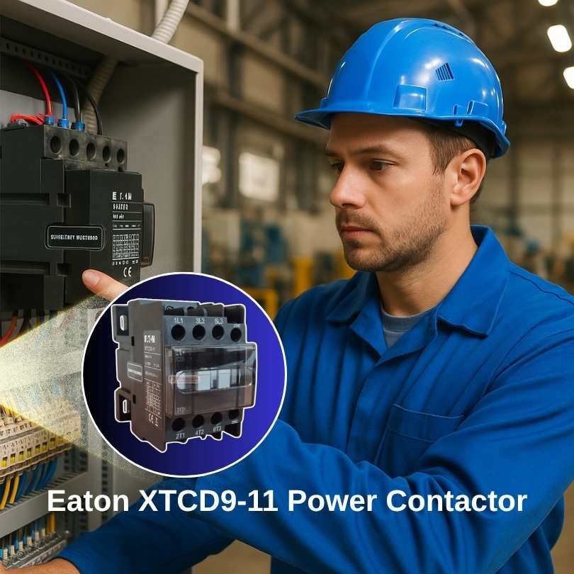 Electrical engineer in blue uniform installing Eaton XTCD9-11 power contactor inside a factory electrical panel