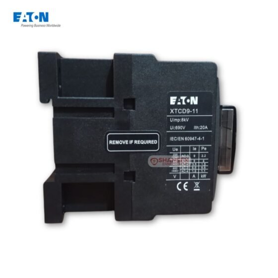 Side view of Eaton XTCD9-11 power contactor showing technical label and 690V, 20A ratings from Shansen Enterprises