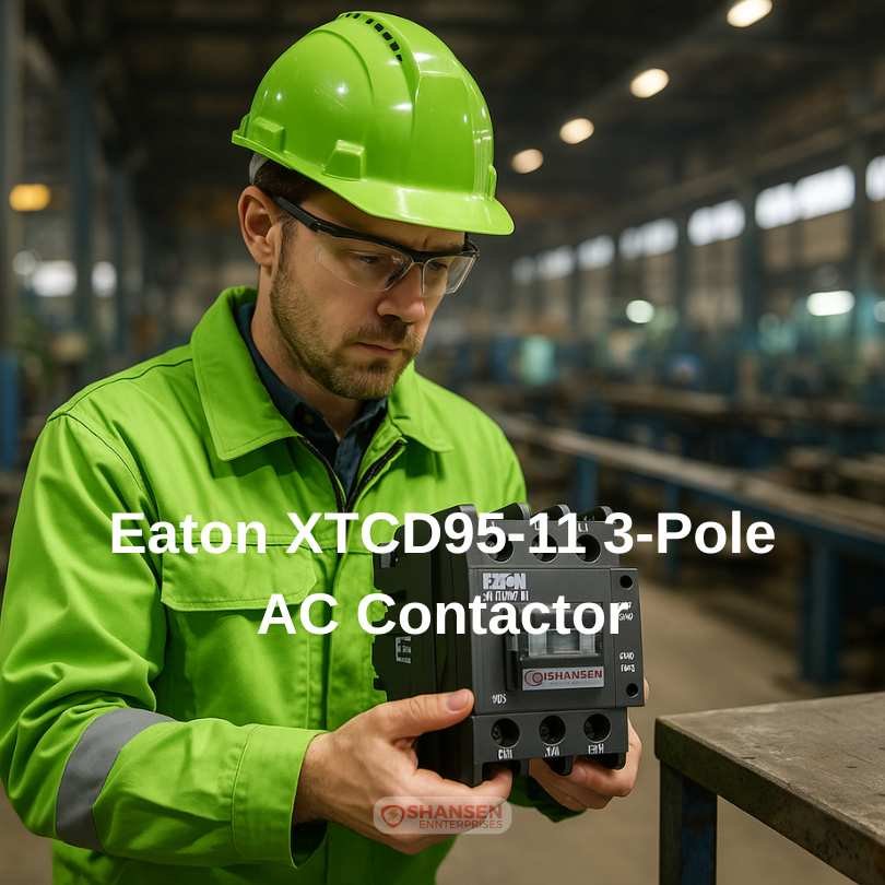 Engineer holding an Eaton XTCD95-11 3-Pole AC Contactor, highlighting industrial electrical components