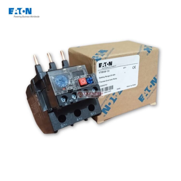 Eaton XTOD 38-32 thermal overload relay shown with its original packaging box, highlighting model number and setting range