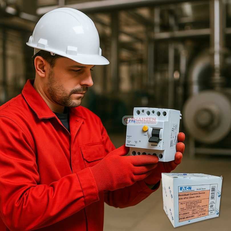 Electrical engineer in red uniform inspecting Eaton RCCB inside a factory setting
