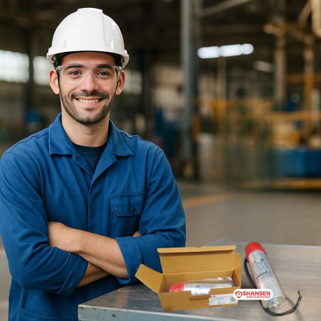 Electrical engineer in factory with ABB 3 kVAr cylindrical capacitor on workbench