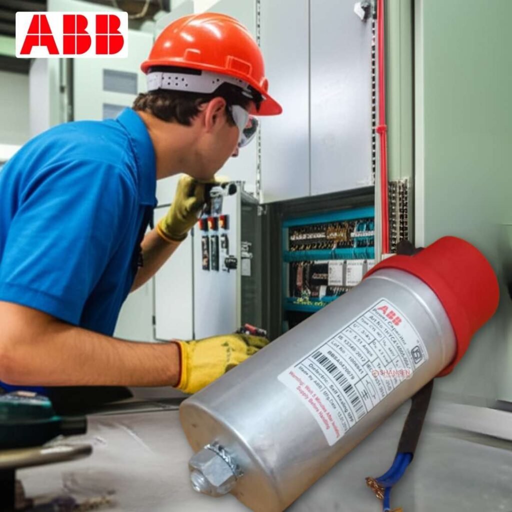 Electrician inspecting a modern industrial control panel with ABB power capacitors on a steel table in a bustling factory setting