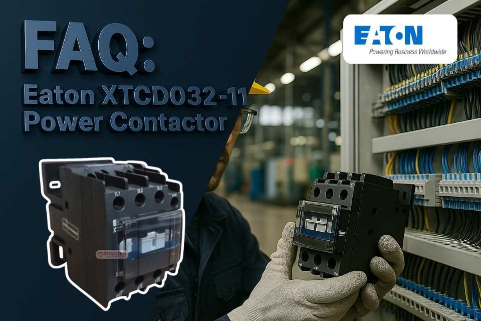 Electrician installing Eaton XTCD032-11 power contactor in control panel with 3D FAQ text on navy blue background