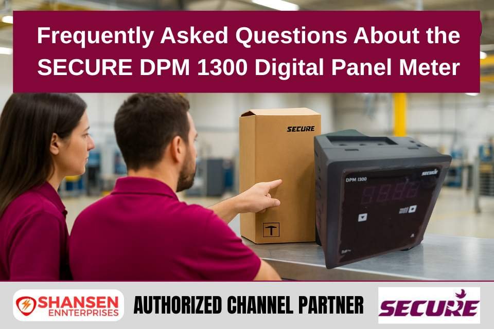 Two engineers with SECURE DPM 1300 Digital Panel Meter on a bench with packaging, Shansen Enterprises Authorized Channel Partner