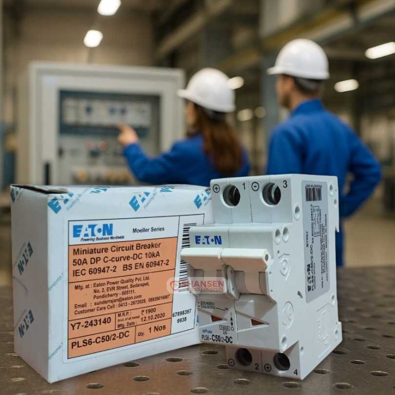 Eaton PLS6-C50/2-DC 50A Miniature Circuit Breaker on steel bench with engineers inspecting control panel in background