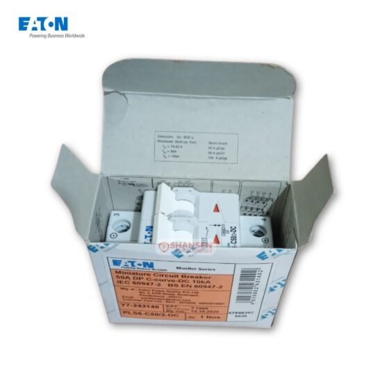 Eaton PLS6-C50/2-DC 50A Miniature Circuit Breaker in original packaging top view
