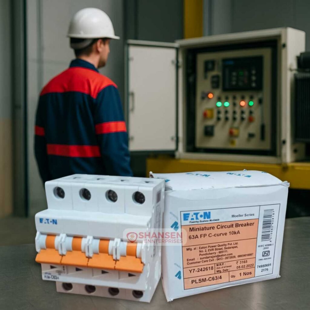 Electrical engineer inspecting backup generator control panel with Eaton MCBs in foreground on steel bench