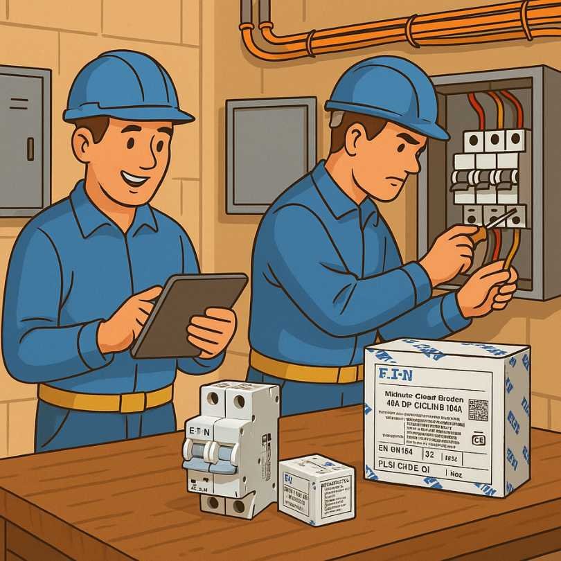 Cartoon of uniformed electricians installing Eaton MCB with product packaging and circuit breakers on workbench