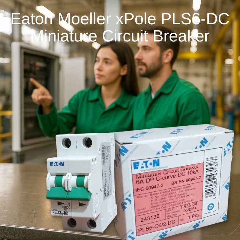 Eaton Moeller xPole PLS6-DC 6A 2-Pole Miniature Circuit Breaker on workbench in industrial factory with engineers