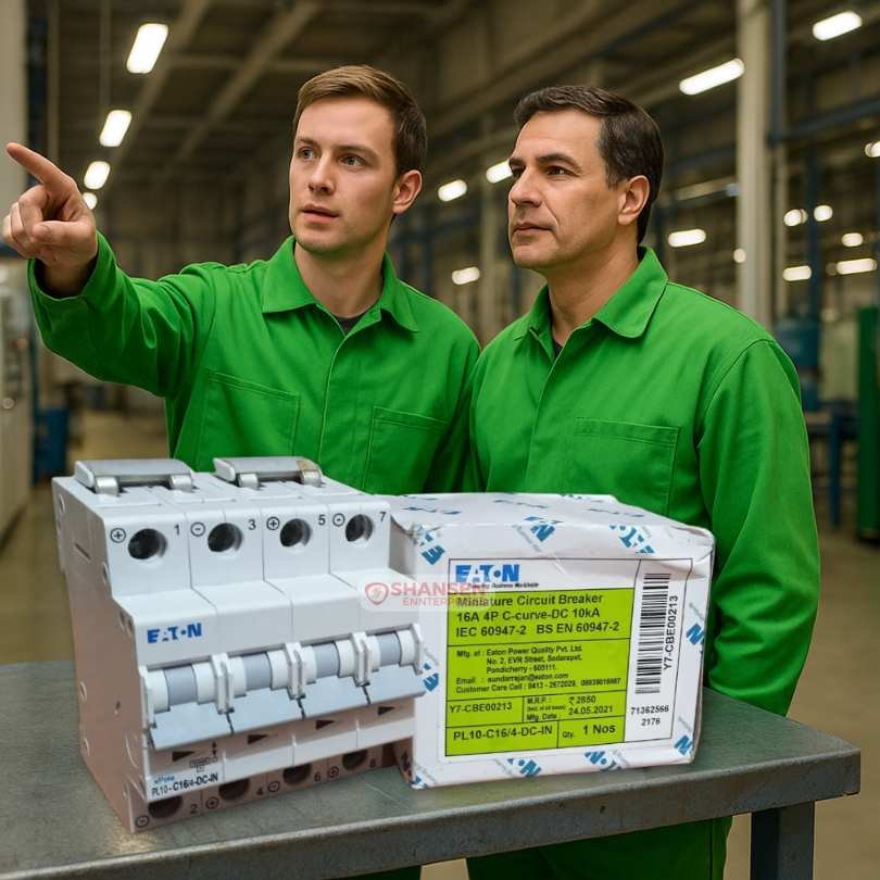 Two engineers in green uniform inspecting a panel in a factory with Eaton PL10-C16/4-DC-IN MCB on workbench – Shansen Enterprises