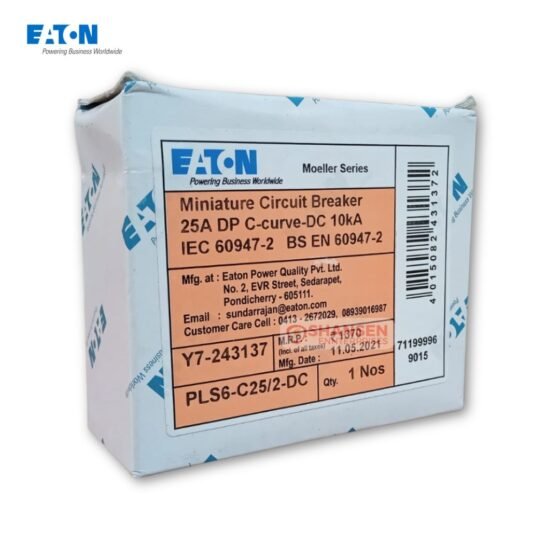 Front view of the Eaton xPole PLS6-C25/2-DC miniature circuit breaker packaging box with printed specifications and Shansen Enterprises watermark