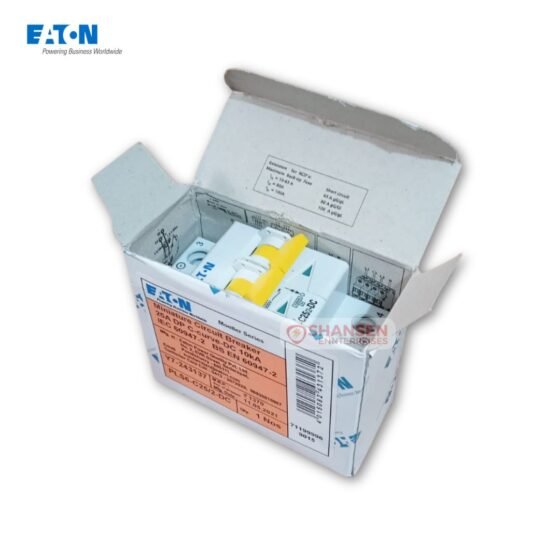 Eaton xPole PLS6-C25/2-DC miniature circuit breaker with yellow toggles inside its original white packaging box, featuring printed specifications and Shansen Enterprises watermark