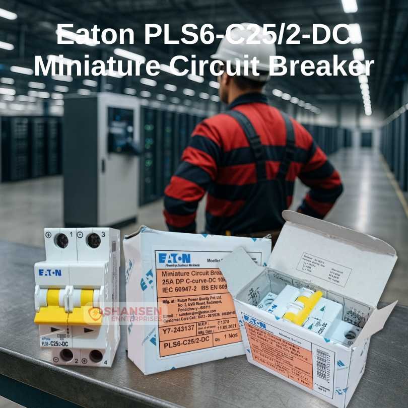 Eaton PLS6-C25/2-DC miniature circuit breakers and packaging on a steel bench, with an engineer in a red-and-black uniform and white helmet inspecting a control panel in a brightly lit data center